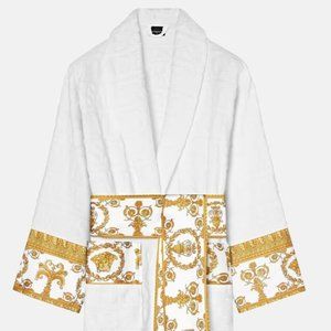 Versace Logo Baroque Terry Cloth Bathrobe - White